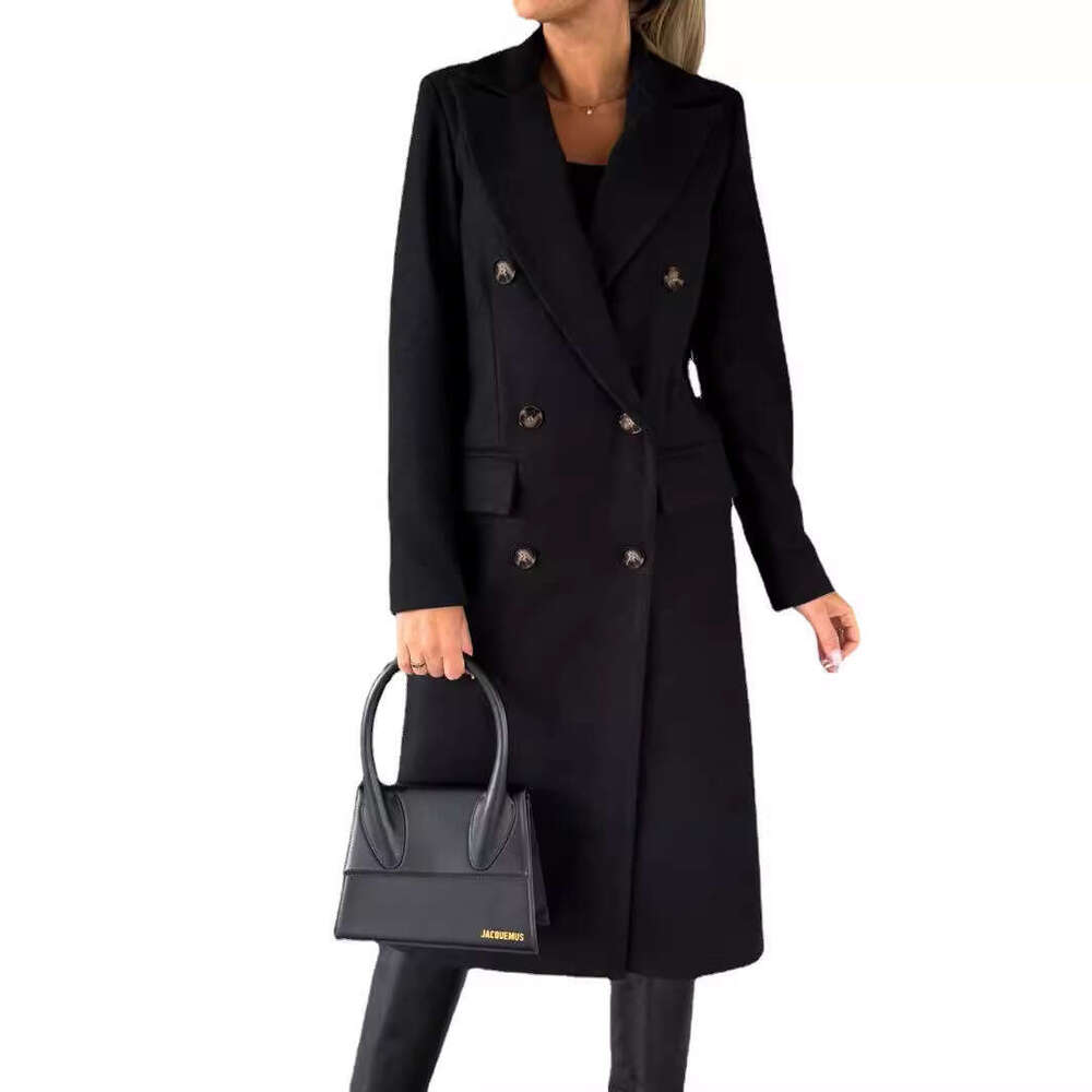Women's Spring New Versatile Woolen Coat Solid Color Long Sleeve Double Breasted Insert Bag