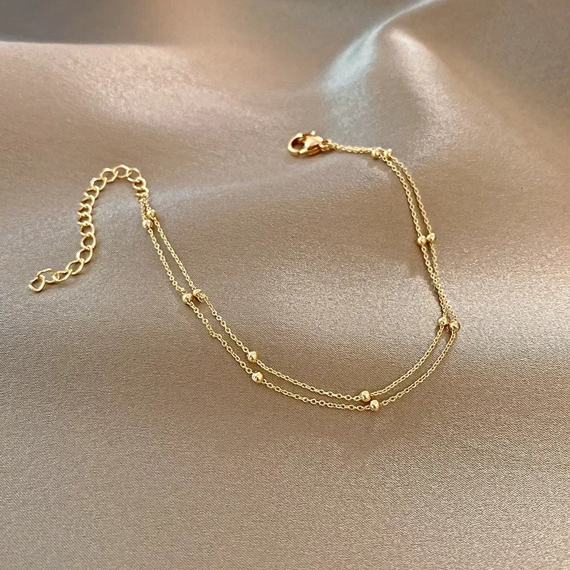 Trendy Double Layers Small Round Beads Bracelet Womens Hand Bracelets Gold Color Chain Simple Female Ball Jewelry 250213