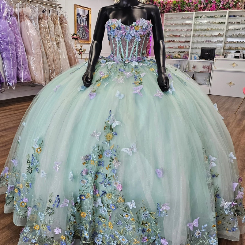 Mint Green Shiny Quinceanera Dresses Ball Gown Off The Shoulder Applique Bow Beads Tull Party Birthday Sweet 16 Dress Vestidos De 15 Anos