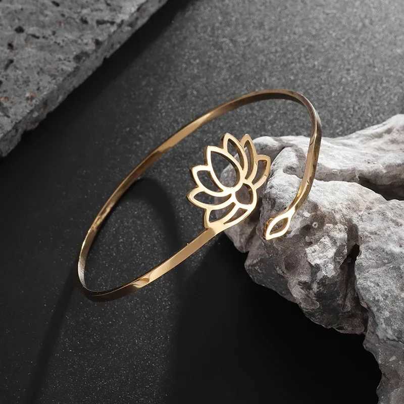 Stainless Steel Hindu Lotus Mandala Open Bracelet Womens Fashion Cuff Bracelet Casual Sports Yoga JewelryXJ250225