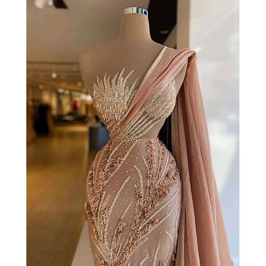 Blush Pink Mermaid Prom Dresses With Wrap One Shoulder Lace Beaded Dubai Glitter Robe De Soiree Arabic Evening Dress
