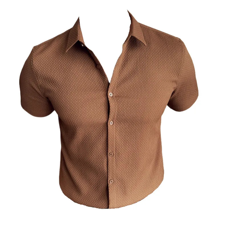 High End Waffle Shirt Mens Clothing 2024 Summer No Ironing Business Social Shirts For Men Short Sleeve Casual Dress Slim 250222