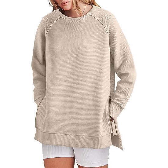 European And American Women's Round Neck Pullover, Side Zipper Casual Loose Long Sleeved Sweatshirt