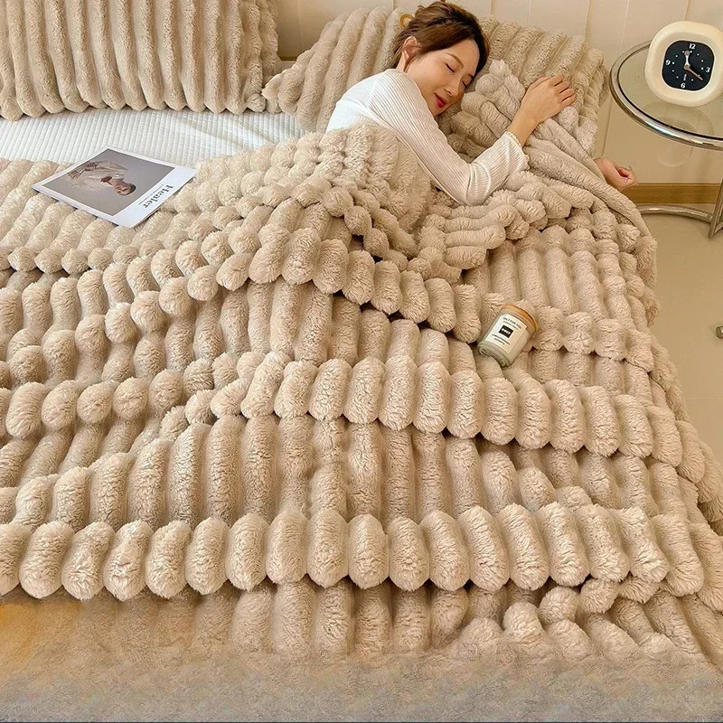 Ultra Soft Faux Rabbit Fur Throw Blanket Warm Plush Striped Blankets Conditioning Quilt Fluffy Throws for Couch Chair Sofa 250218