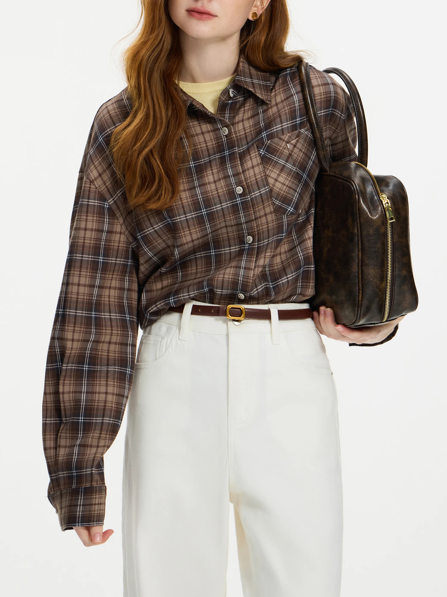FSLE Women Plaid Blouse Polo Neck Drop Sleeve Female Retro Brown Plaid Shirt Hem Lace Patchwork n Long Sleeve Top 24FS14543 250224
