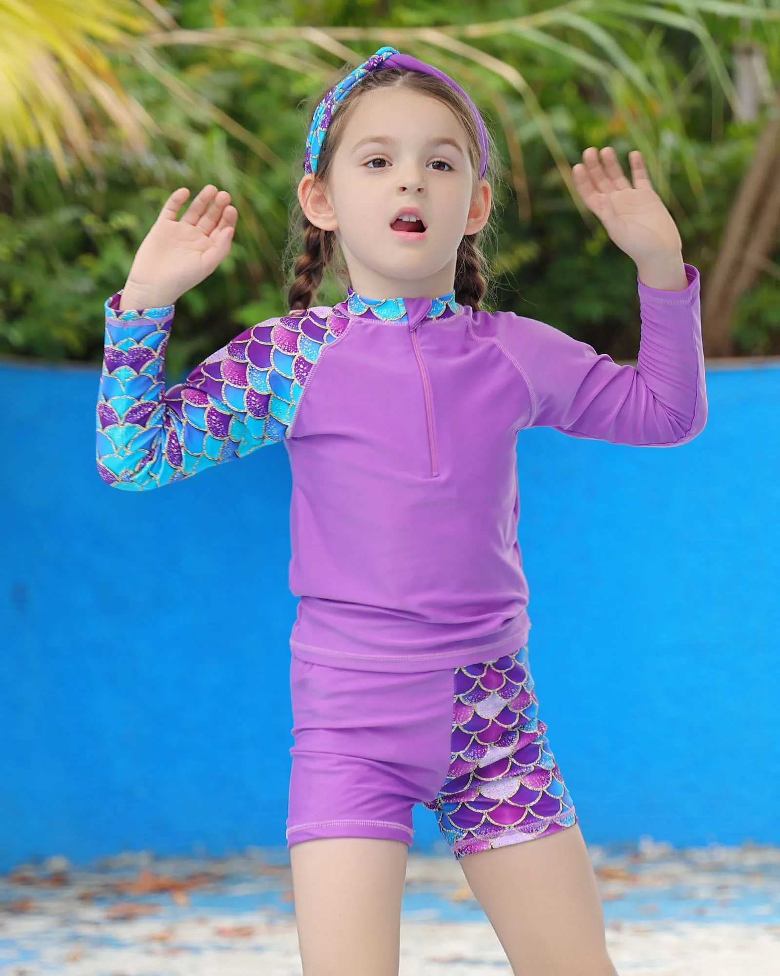 BAOHULU Girls Rash Guard 3 Pieces Swimsuit Long Sleeve Bathing Suit UPF 50+ Beach Swimwear 5-12 Years with Matching Headband X250224