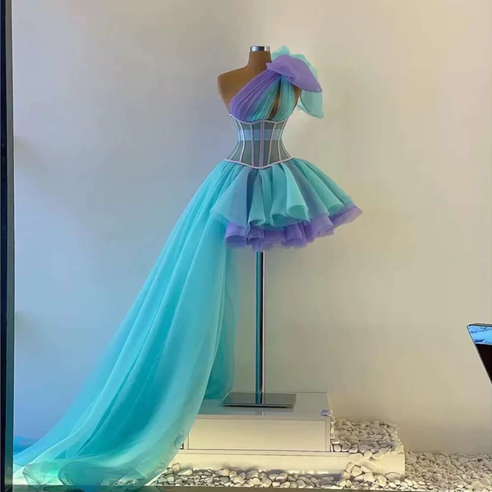 Color matching mini party dress fashion one shoulder pleated ruched prom with chic bow sweep train short evening dresses
