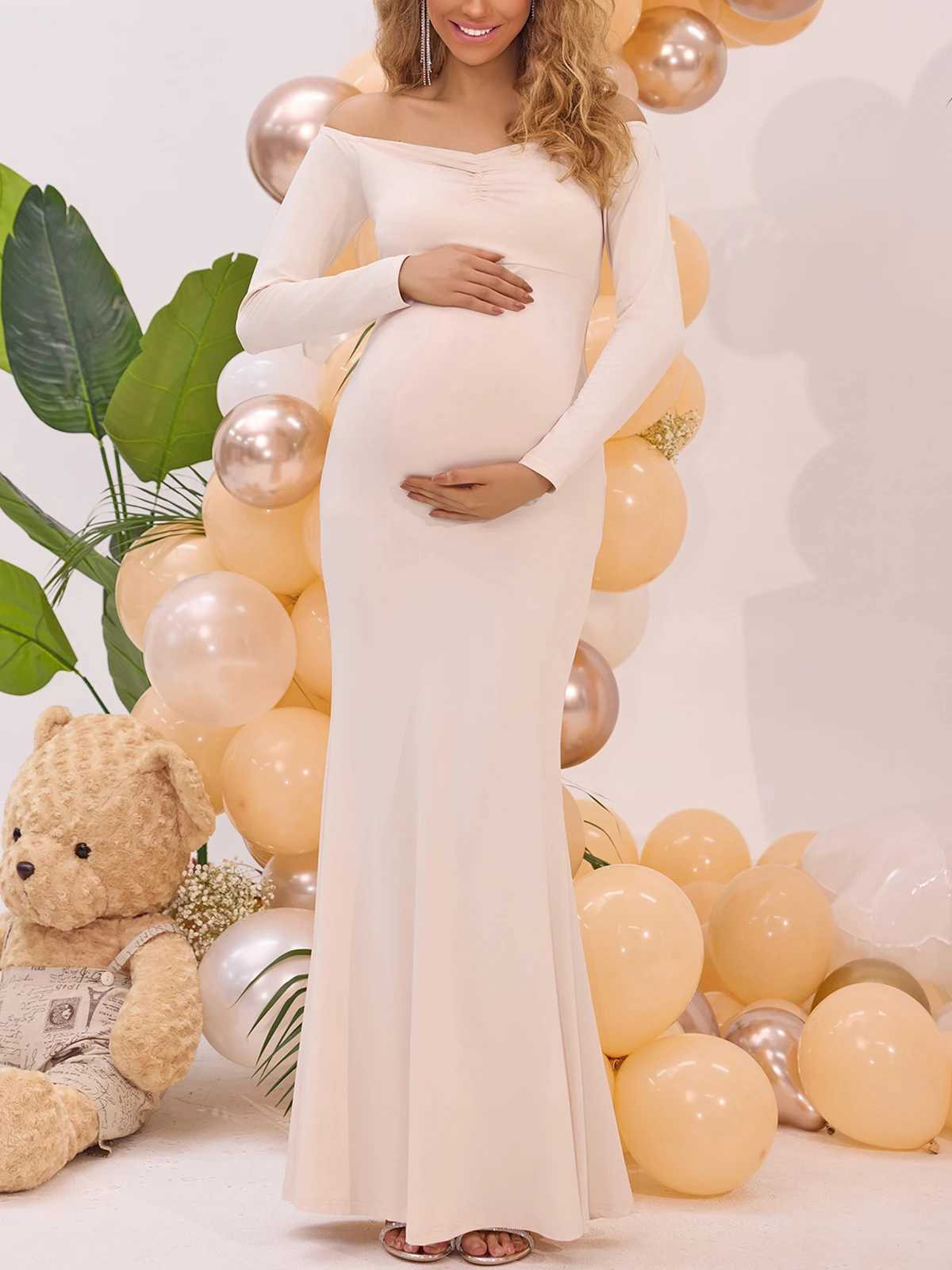 ItsRoya Off Shoulder Solid Ruched Maternity Dress Long Sleeves Pregnant Photography Props Dress Slim Mermaid Party Evening Gowns X250224