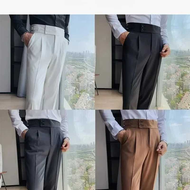 Mens High Quality Elegant Slim Dress Pants Naples Suit Pants High Waisted Italian Business Formal Social Trousers Banquet Wedding W250225
