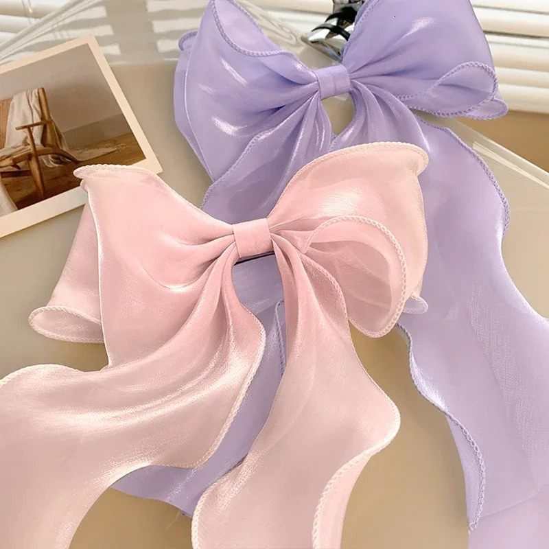 Sweet Chiffon Bow Hair Clips Girls Blue Shining Satin Bowknot Ribbon Barrette Hairpin Grip tail Clip Headwear 250218