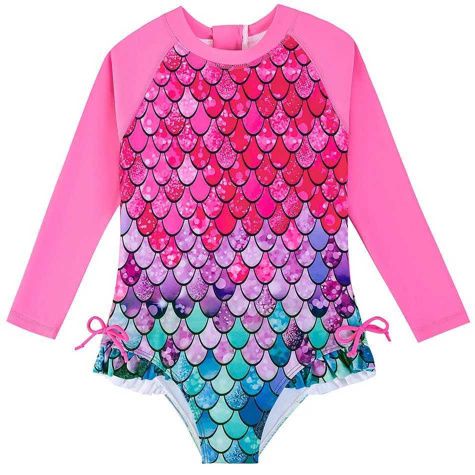 Childrens One-Piece Long Sleeved Swimsuit Girl Mermaid Multi-color Swimsuit Girl Swimming Pool Party Sun Protection Swimwear X250224