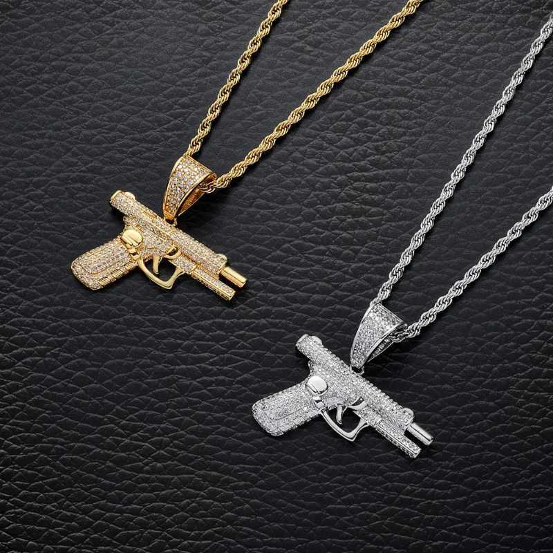 2023 New Fashion Hip Hop Crystal Pistol Pendant Personality Cool Rap Trend Pendant Necklace for Men Gift X250224