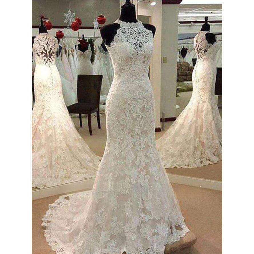 High-Neck Mermaid Wedding Vestido De Noiva Sexy See-Though Back Court Train Formal Bride Dresses Plus Size Bc01201