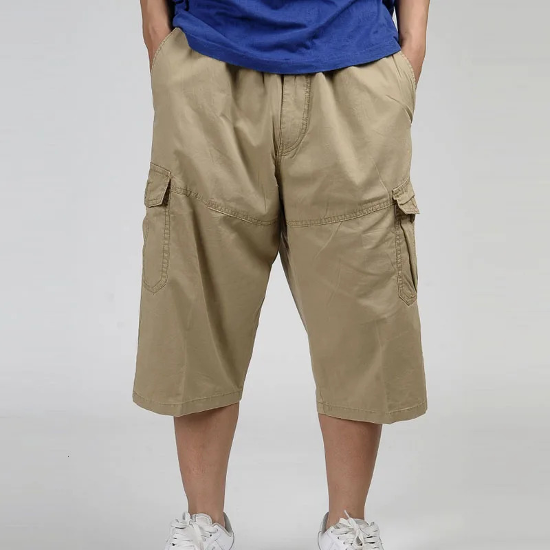 2023 Mens Summer MultiPocket Baggy Cargo Cotton Calf Length Pants Casual Trouser Male Large Solid Color Shorts Plus Size Xl6Xl 250214
