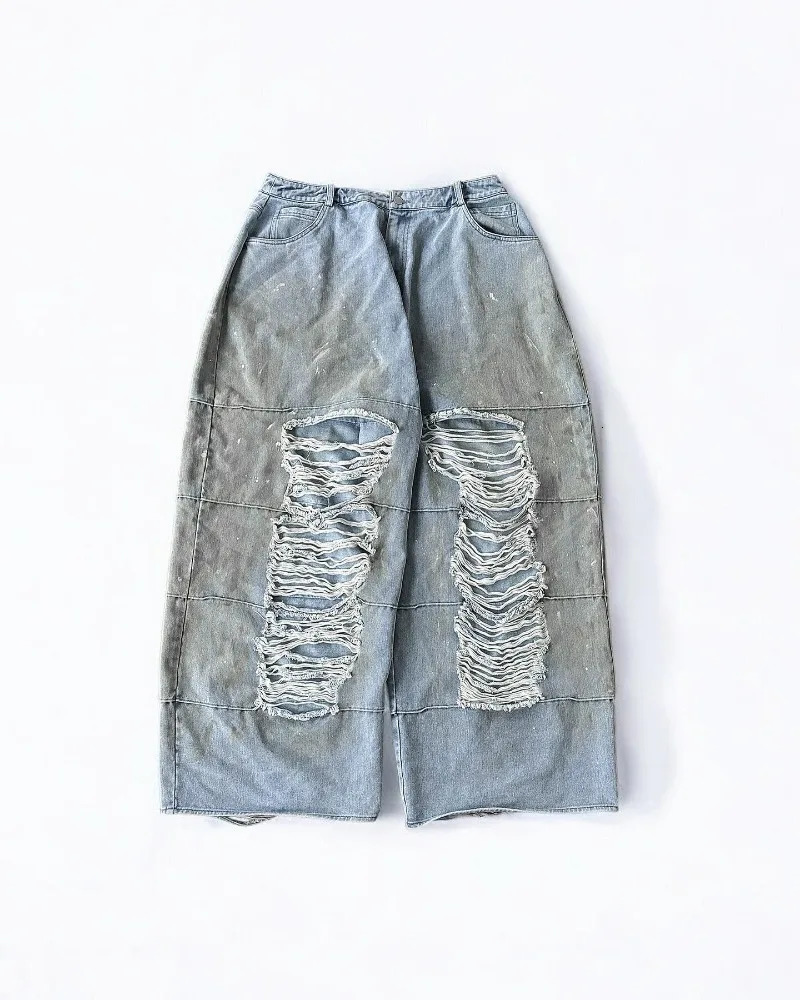 European and American vintage washed ripped jeans Men Y2k pants Street punk Harajuku couple casual oversized wide-leg pants 250225