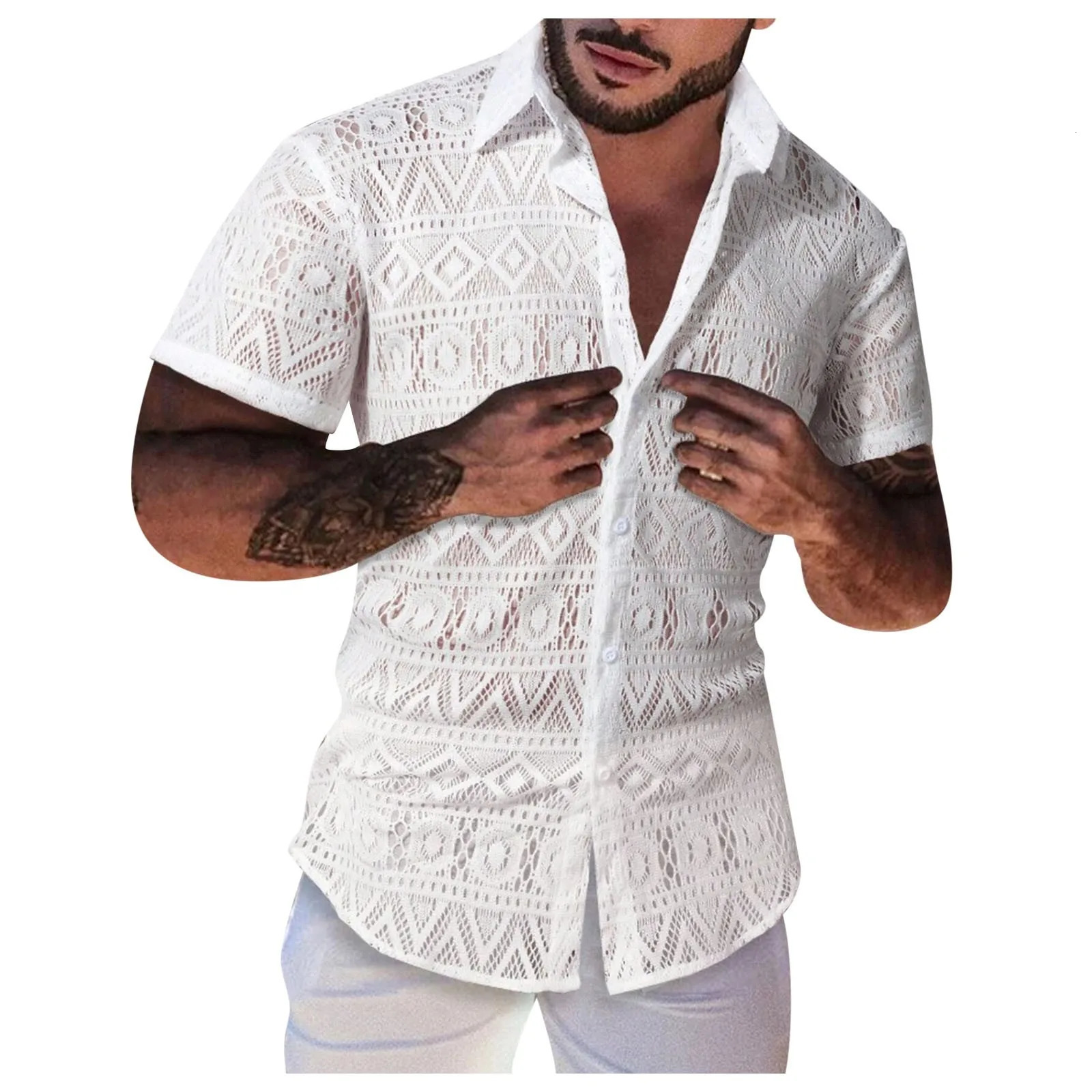 Crochet Party Beachwear For Man Summer See Through Shirts Mesh Lapel Night Club Clothing Short Sleeve Casual Festival Outfit 250222
