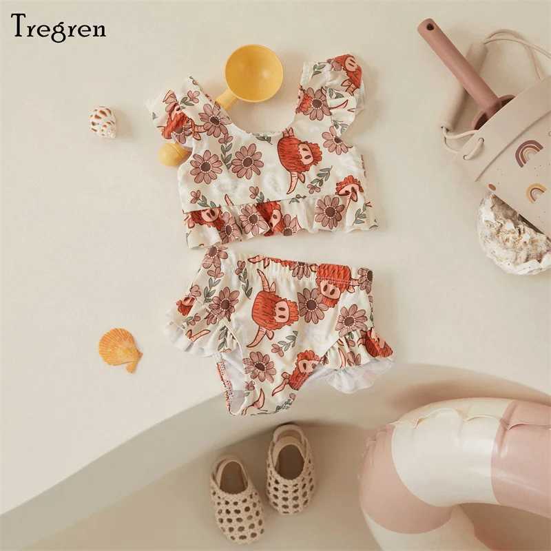 Tregren Cute Baby Bikini Flower/Cow Head Printed Swimsuit Ruffle Swimsuit Summer Pool Hot Spring Beach Wear X250224