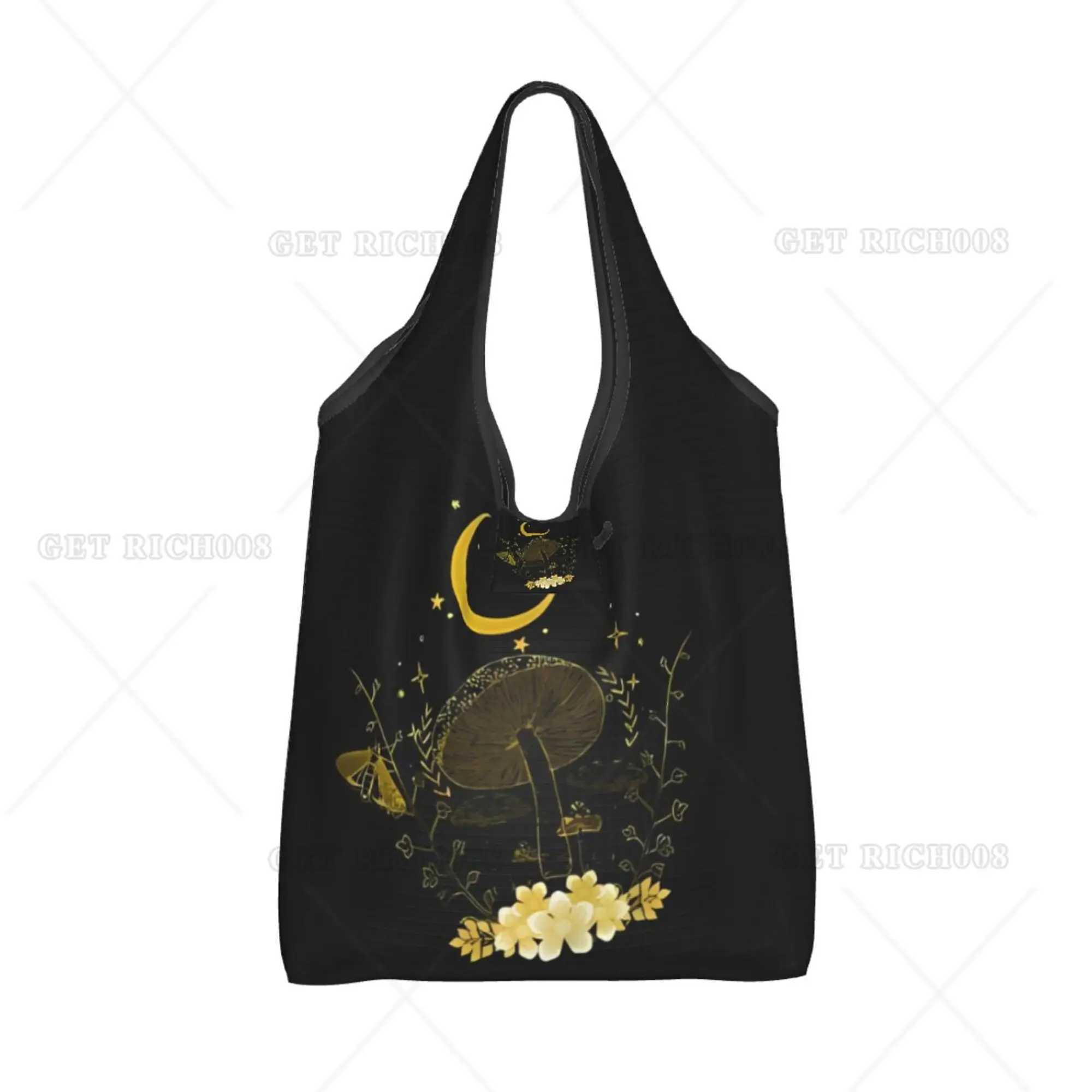 Mushroom and Moon Gothic Shopper Bag Portable Tote Bag Recyclable Grocery Bags Women Hand Bag for Shopping Outdoor Foldable Z250224