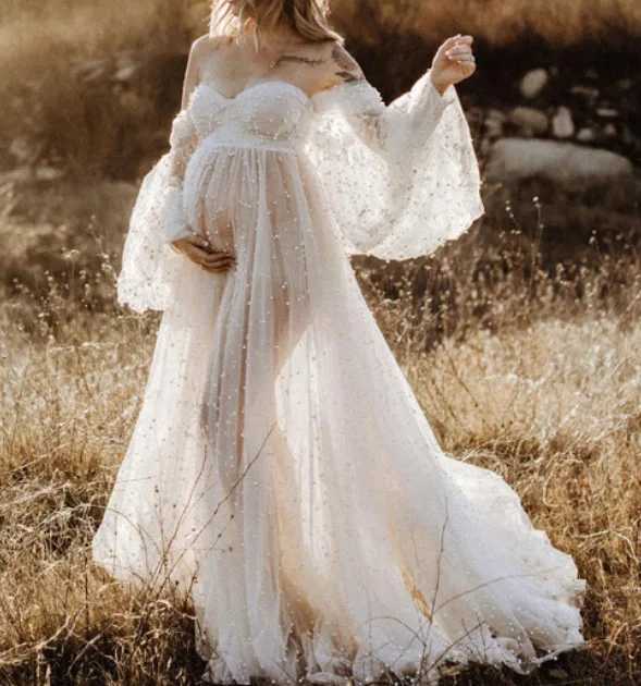 Maternity Photography Props Dress Dense Pearl White Yarn Maternity Photography Clothing Babyshower Gown Photo Shoot Pregnant X2502241