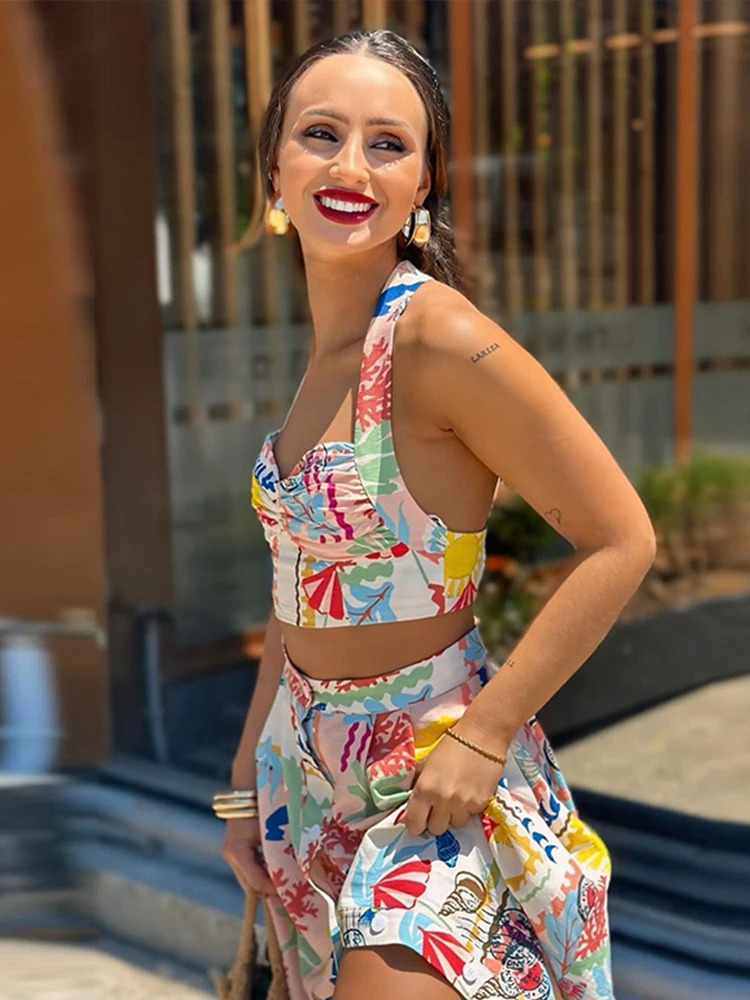 Sexy Printed Halter Women Skirt Suits Sleeveless Backless Crop Top Single Breasted Split Skirts 2024 Summer Chic Lady Sets 250222