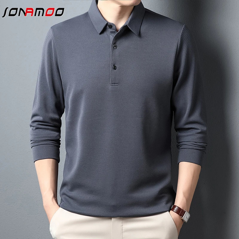 Mens Business Casual Polo Long Sleeve T-shirt Summer Comfortable Solid Top 250224