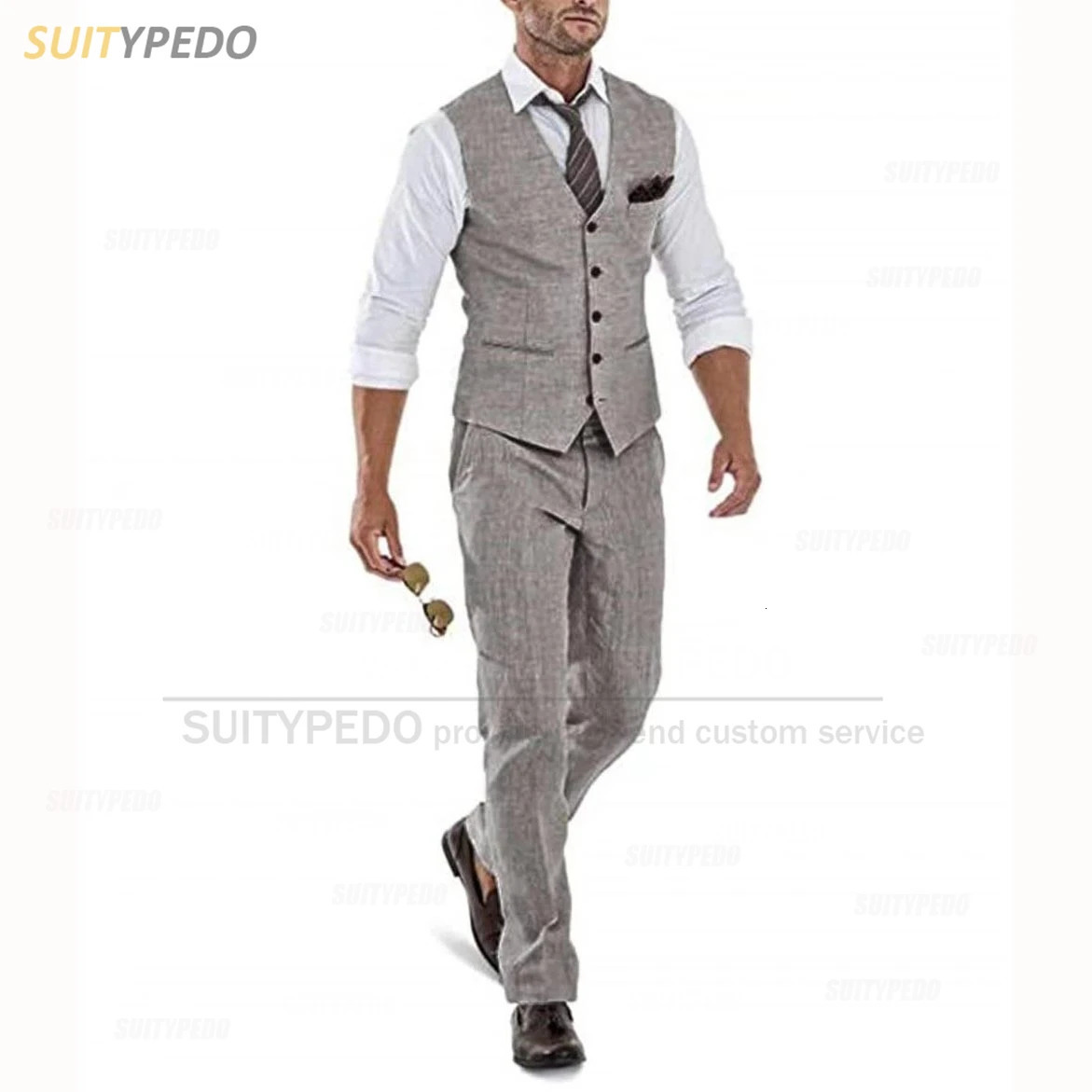 Linen Casual Slim Fit Ivory Suit Vest Pants Set 2 Pieces Business Summer Prom Wedding Tuxedos for Men Groomsmen 250222