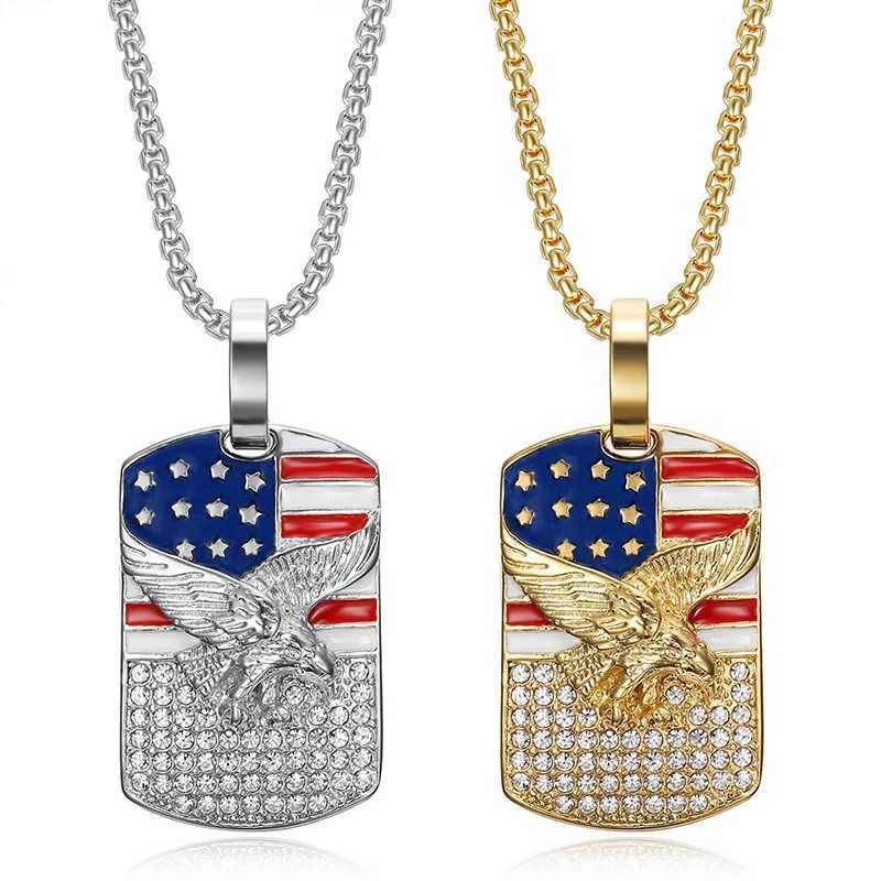 Hip Hop Bling d Out Gold Color Stainless Steel Flag Square Pendants Necklace for Men Rapper Jewelry Dog Tag X250224