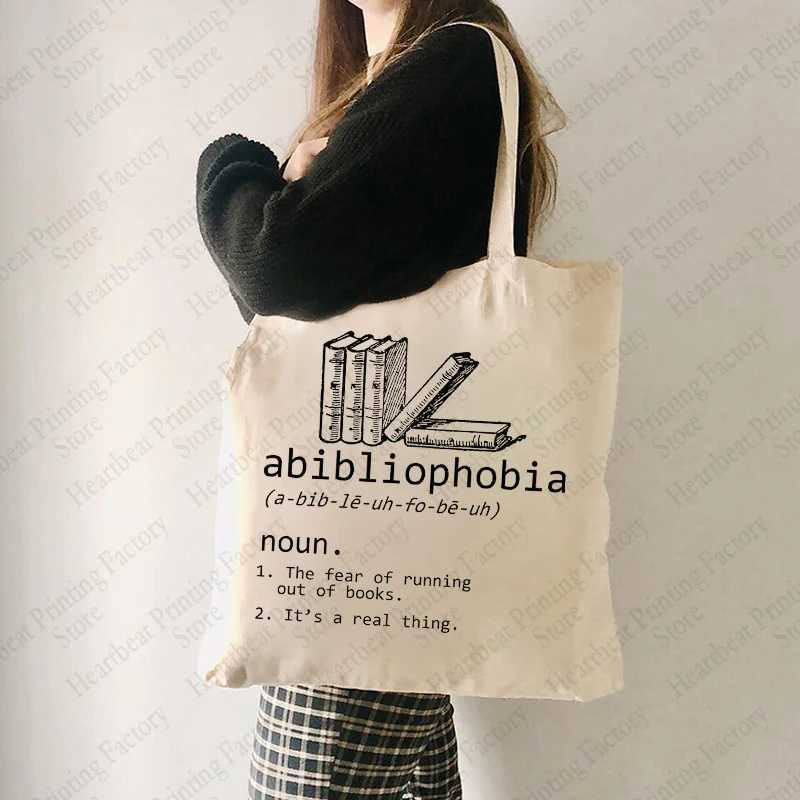 Abibliophobia Pattern Handbag Canvas Shoulder Bag Book Enthusiast Reader Gift Female Reusable Shopping Bag Book Worm Gift Z250224