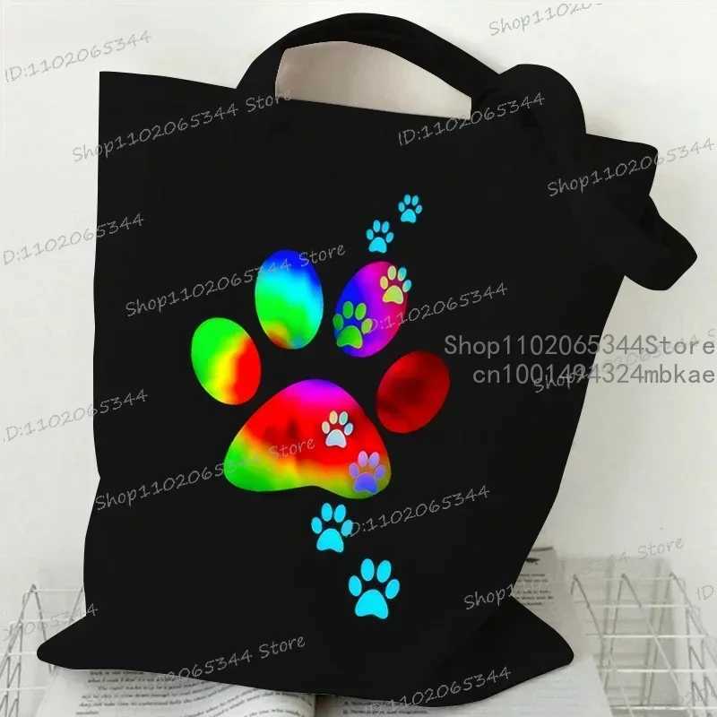 Colour Heart Dog PAW Pattern Canvas Tote Bag Women FAshion Y2K Shopping Bags Student Animal Lover Cartoon Shoulder Handbag Z250224