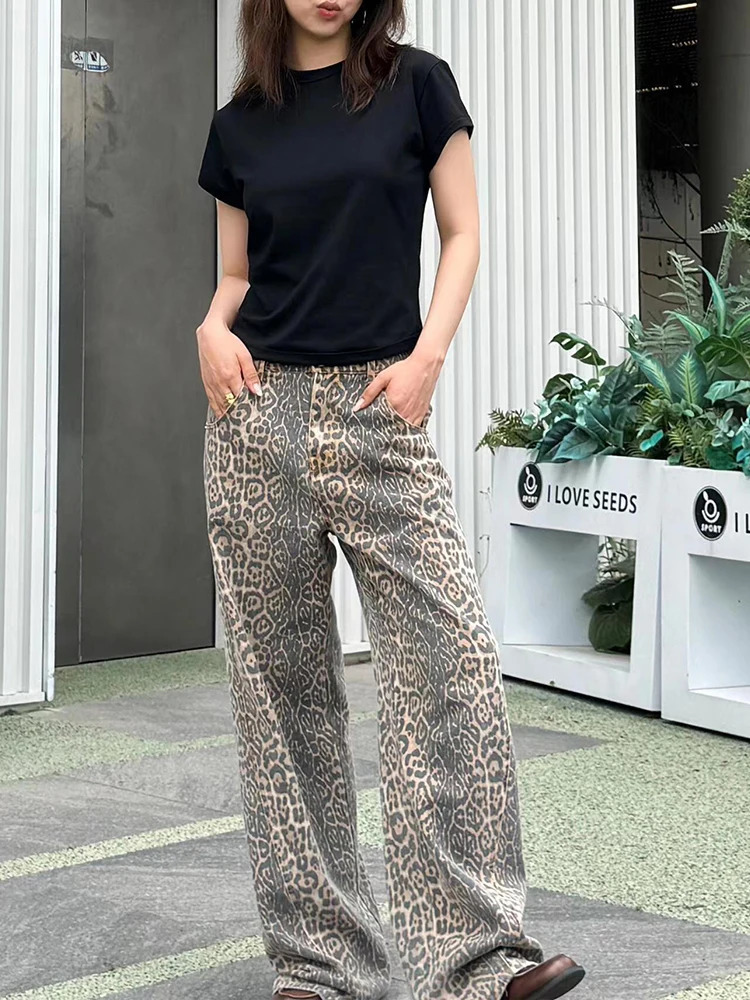 Vintage Leopard Print Jeans Women Baggy High Waist Y2k Streetwear Hip Hop Wide Leg Pants Harajuku Casual Denim Trousers 250225