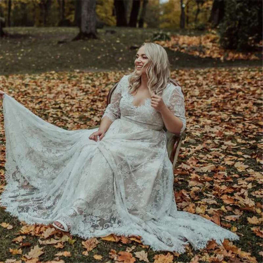 Lace Wedding Dresses Boho Bridal Gowns Plus Size V-Neck Backless 3/4 Long Sleeve Bohemian Bride Dress Simple Vestidos De Novia