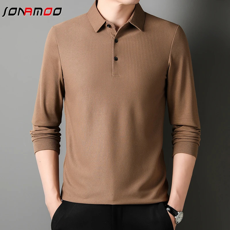 Mens Business Casual Polo Long Sleeve T-shirt Summer Comfortable Solid Top 250224