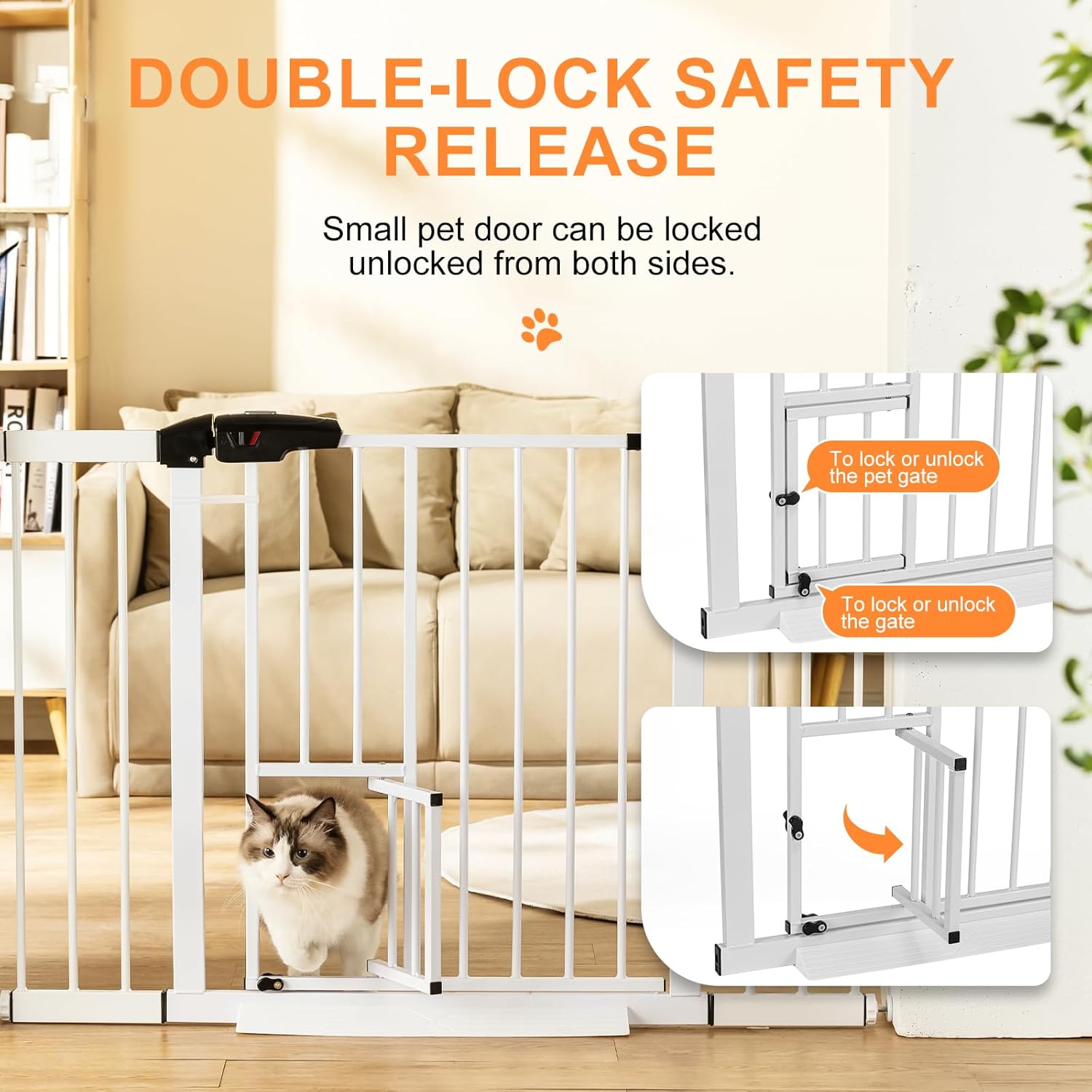 Pet Gate Dogs, Dog Gate Indoor with Cat Door Walk Through Auto Close Pet Gate for Stairs Safety Gate Doggy Gate Pressure Mounted Kit Included