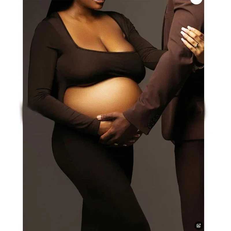 Solid Color Cut Out Backless Crop Bodycon Mermaid U-Neck Long Sleeve Photoshoot Maternity Maxi Dress X250224