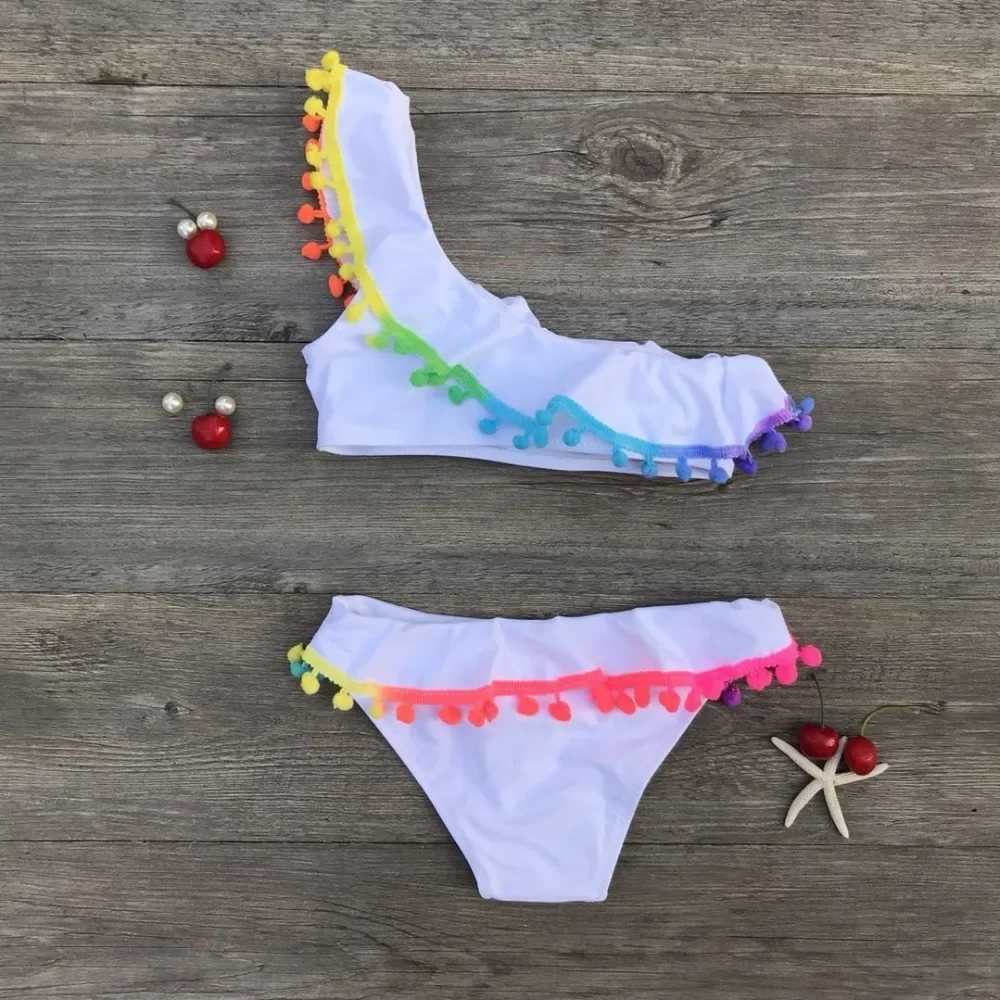 2024 Girls Split Swimsuits Cute Shoulder Swimsuit Children Swimwear Bikini Set Girl Swimming Clothes Kids Bathing Suit Beachwear X250224