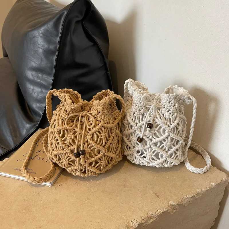 Handmades Knitting Bags For Wonmen Fashion Cotton Thread Bucket Bag With Drawstring Portable Shoulder Bag Summer Beach Purses