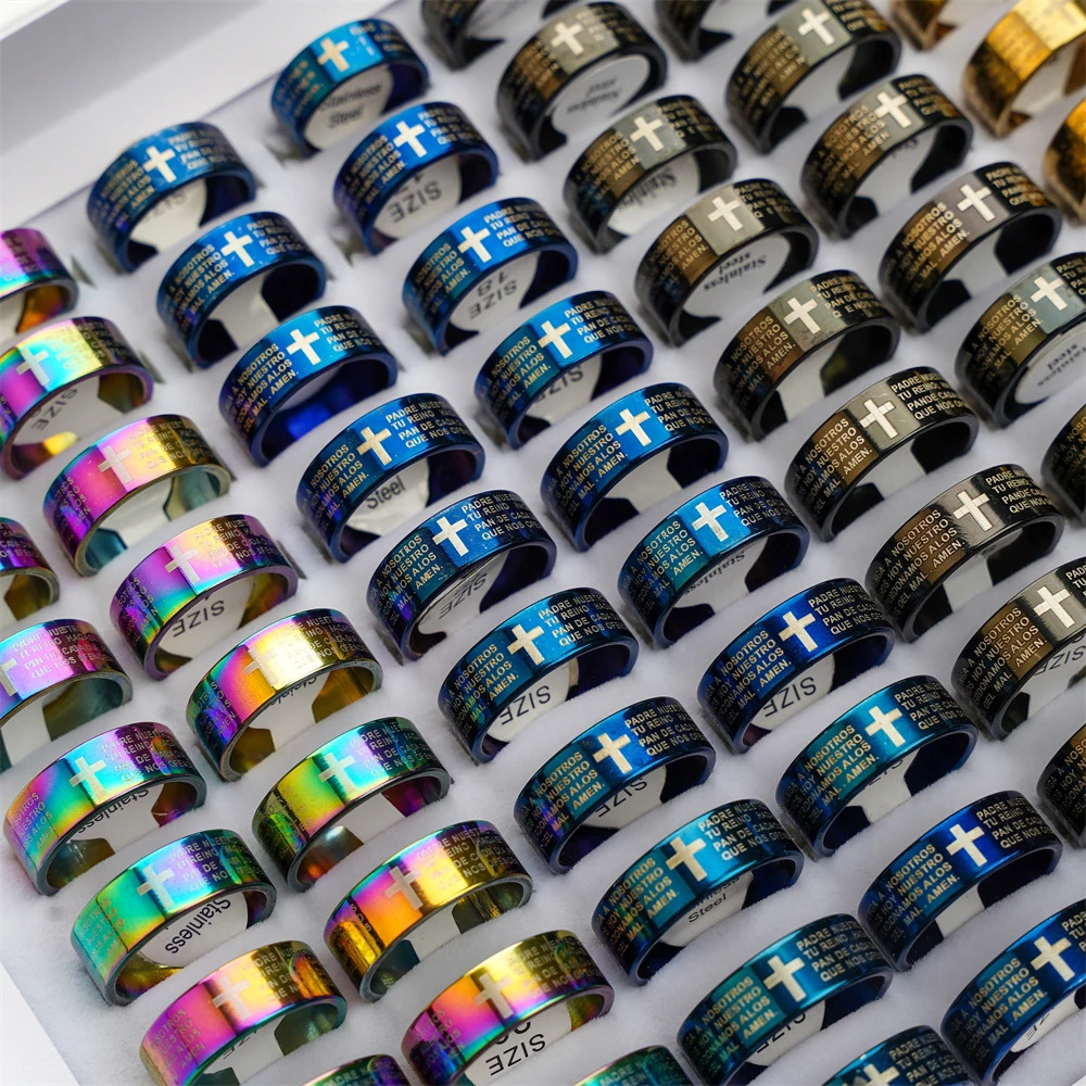 50Pcs/Lot Jesus Love Christianity Bible Cross Faith Pray Stainless Steel Ring Jewelry For Women Men Believer Mix Color Wholesale 250218