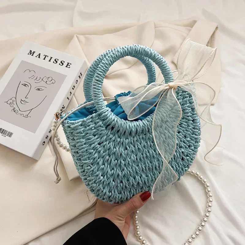 Pearl Bow Decor Straw Bag For Women Handmade Woven Top-handle Bag Vacation Seaside Beach Bag Basket Casual Shoulder Bags Basket