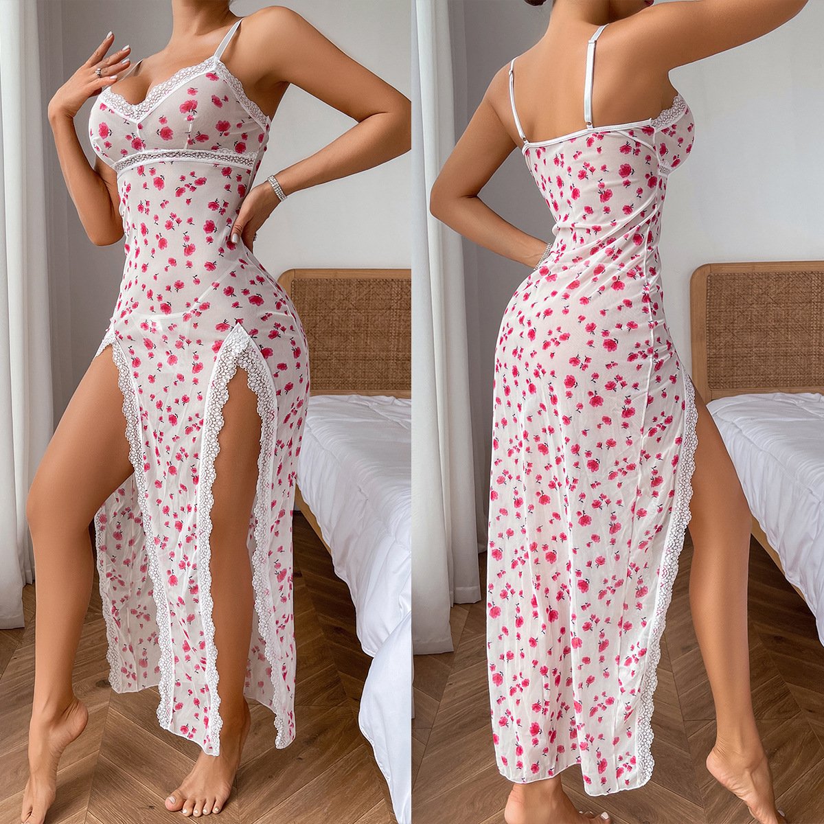 Women's Sleepwear Women's Nightdress with Leopard Print Lace Trim V-neck Adjustable Shoulder Straps Backless Dress Sleepwear Home Wear Night