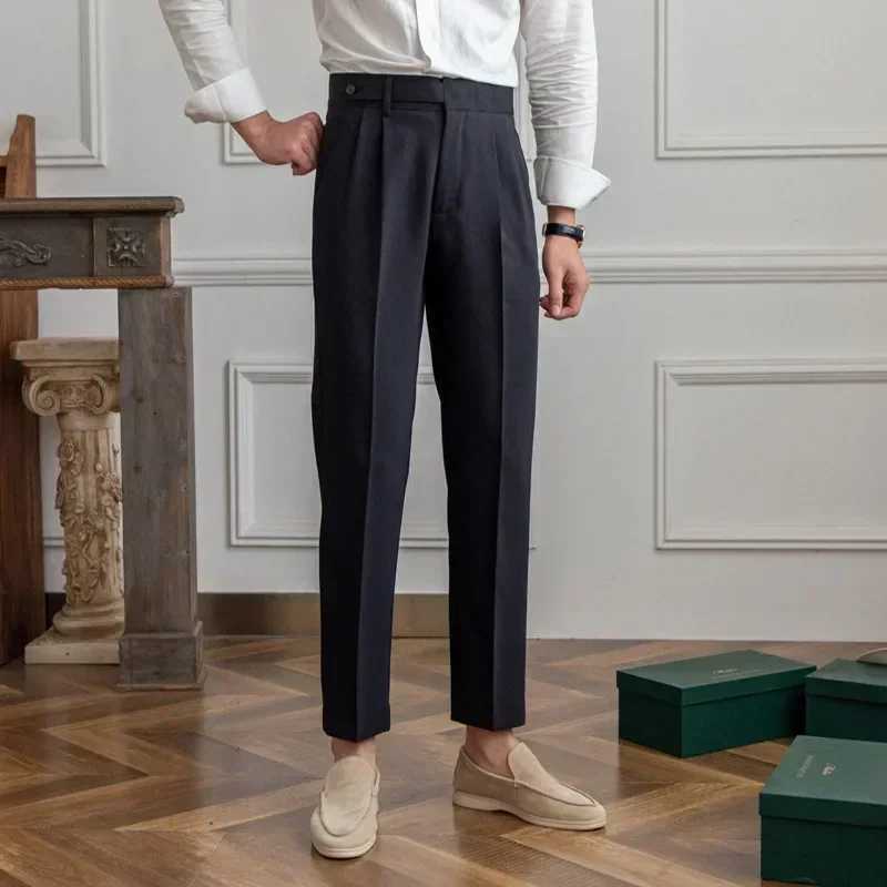 High waisted mens straight casual suit pants high-quality Neapolitan pants elegant British Trouser almond black banquet wedding W250225