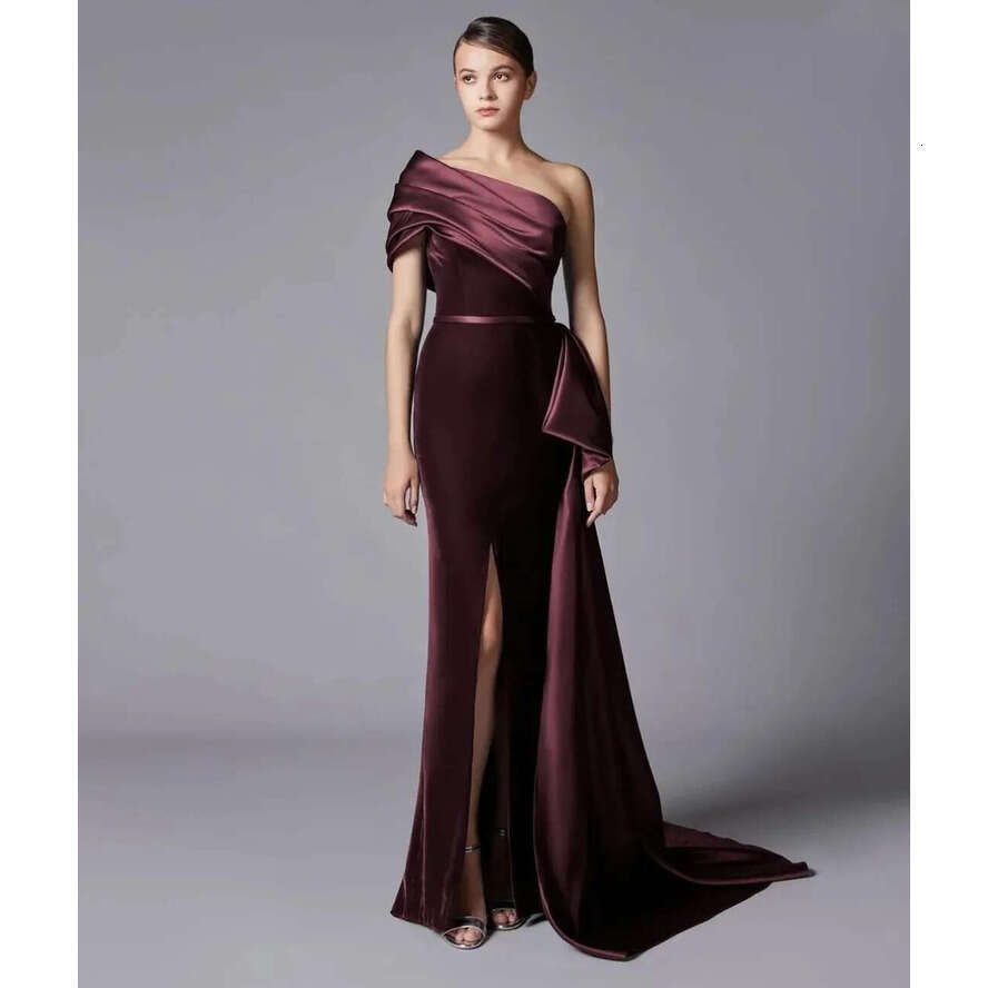 New Mermaid Formal Evening Dress 2025 One Shoulder Pleated Silt Veet Satin Bury/Navy Blue Prom Party Gowns Robe De Soiree Abendkleider