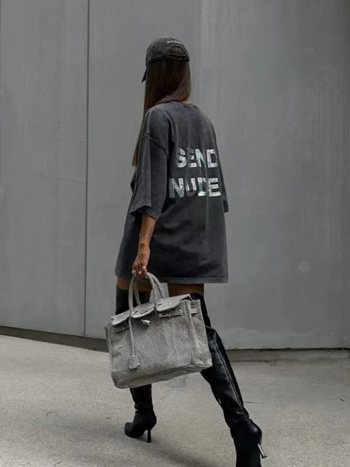 Cotton Summer Streetwear Oversize Diamond T Shirt Women Washed Vintage Loose Casual INS BF Short Sleeve Women 250220