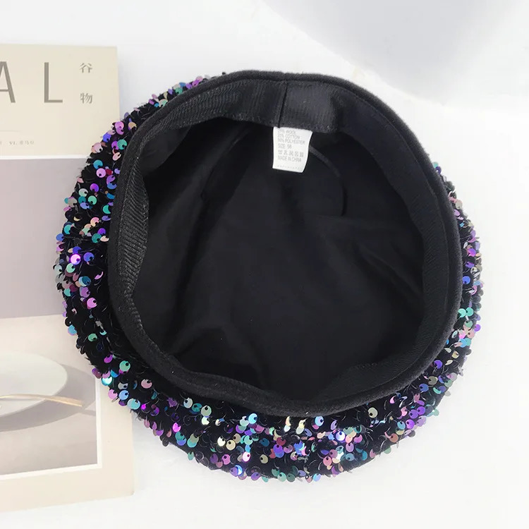 Autmn women lady casual cotton sequins beret cap Girl punk Hip hip rainbow beret British artist pumpkin hats Gorros 250225
