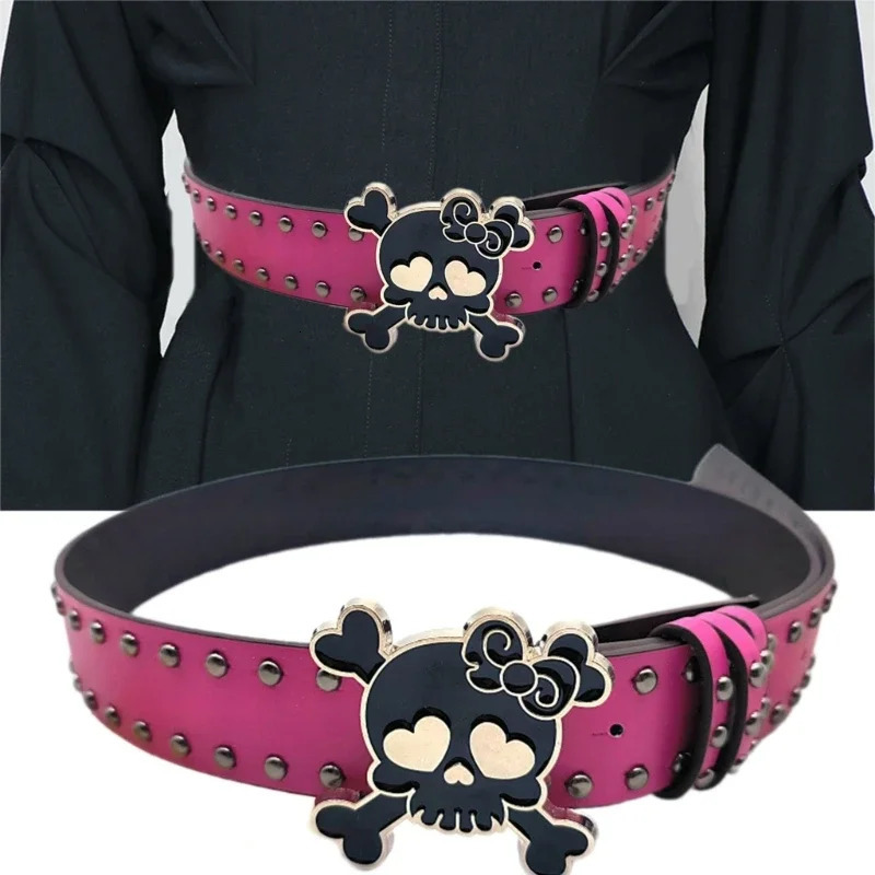 Women PU Belt Skull Buckle Waist Belt Subcultures Rivets Studded Waistband 2000s Jeans Pants Belt Girl Waistband 250221