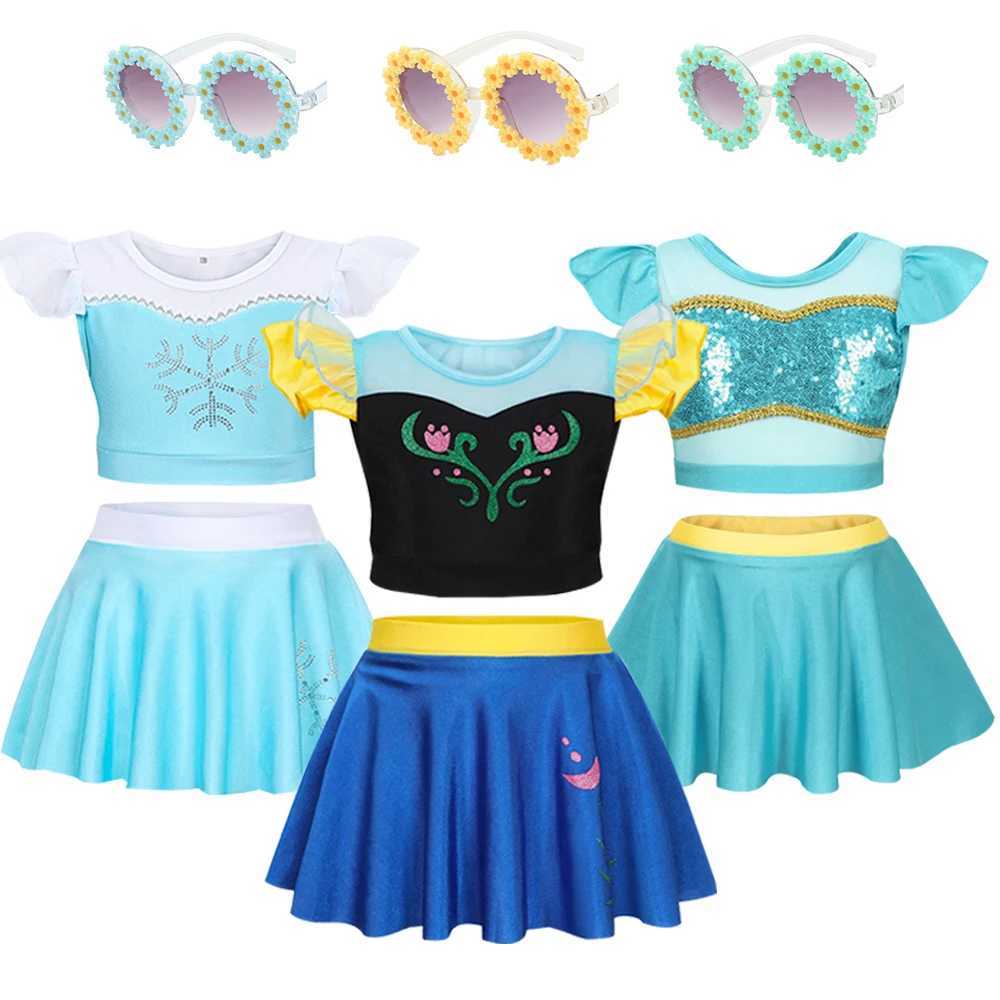 2PCS Swimsuit for Kids Girl Printed Flying Sleeve 2-10Y Children Bathing Summer Swimwear Anna Princess Snow Queen Bikini Set X250224