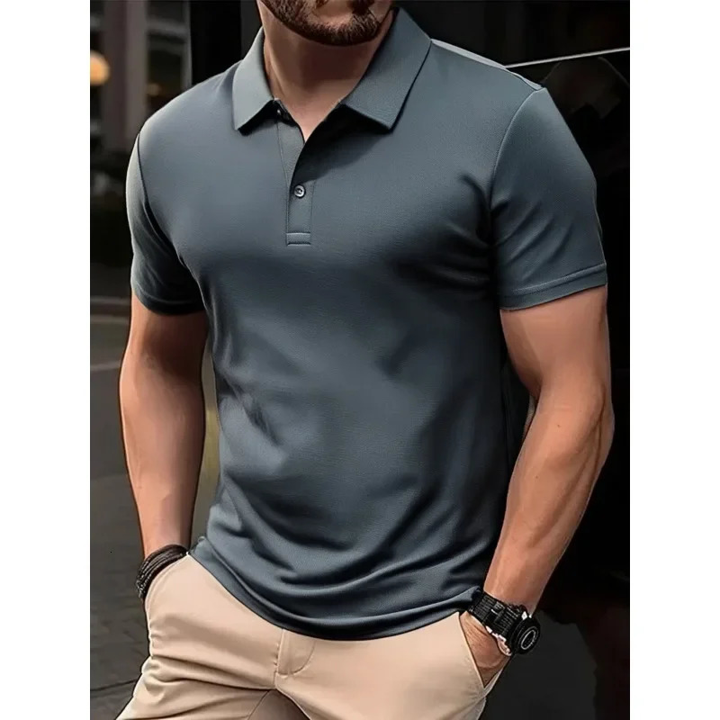Summer Mens Business Polo Shirts Classic Short Sleeved T-shirt Men Lightweight Slim Top Button Lapel Casual Polo Shirt Male 250224