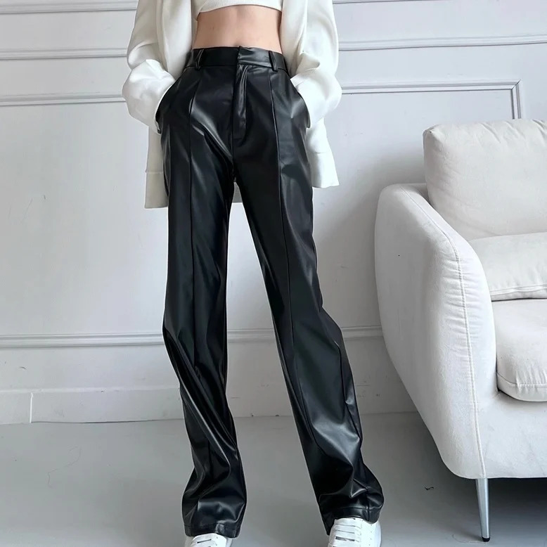 Autumn Winter Straight Leather Pants Women Slim Floor-length Casual Pu Leather Pants for Tall People Loose Wide-leg Pants 250224