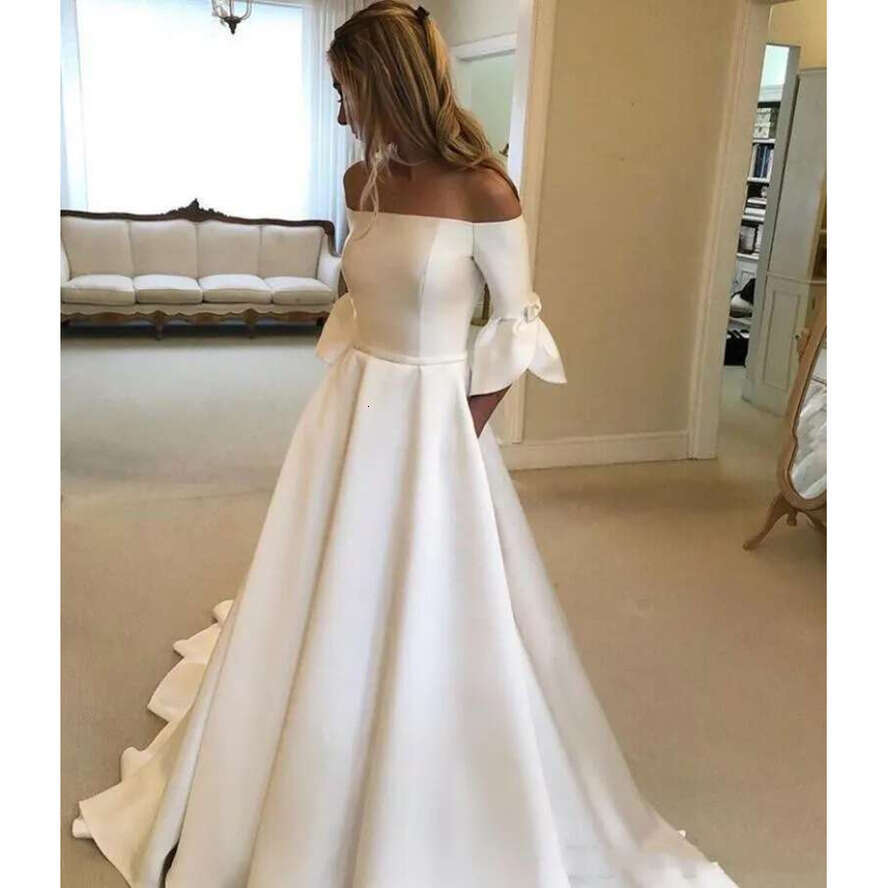 Simple Vintage A E Wedding Dresses Cheap Off Shoulder Satin Half Sleeves Plus Size Long Button Back Formal Bridal Gowns With Pocket