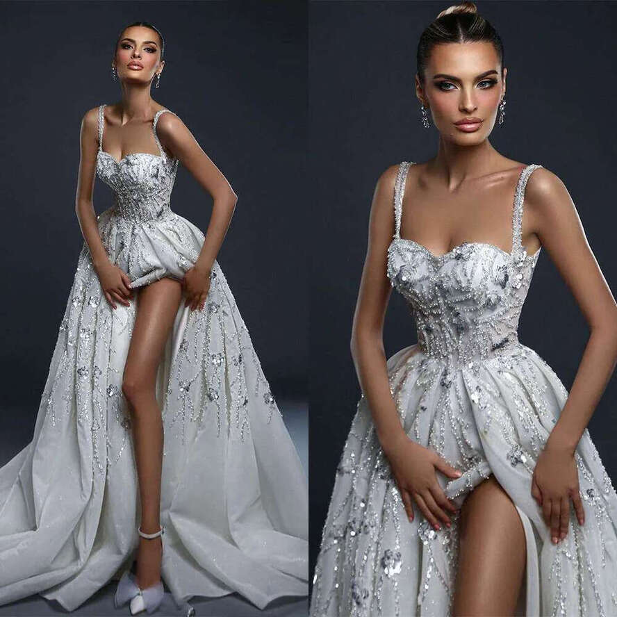 Ful Dress Wedding A E Strapless Sequined Beading Strap Or Length Sleeveless Bride Vestido De Noiva Custom Made