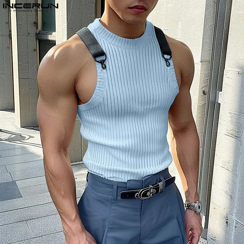 INCERUN Men Tank Tops Patchwork O-neck Sleeveless Summer Skinny Male Vests Streetwear 2024 Knitted Fashion Casual Men Clothing 250224